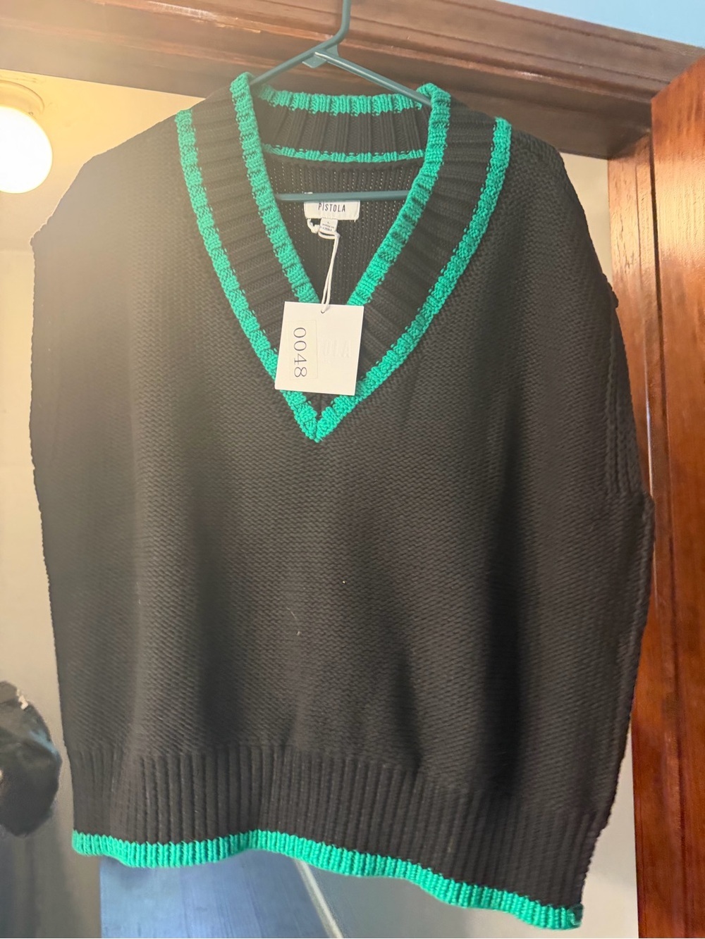 Pistola Black Knit Vest with Green Trim Accents